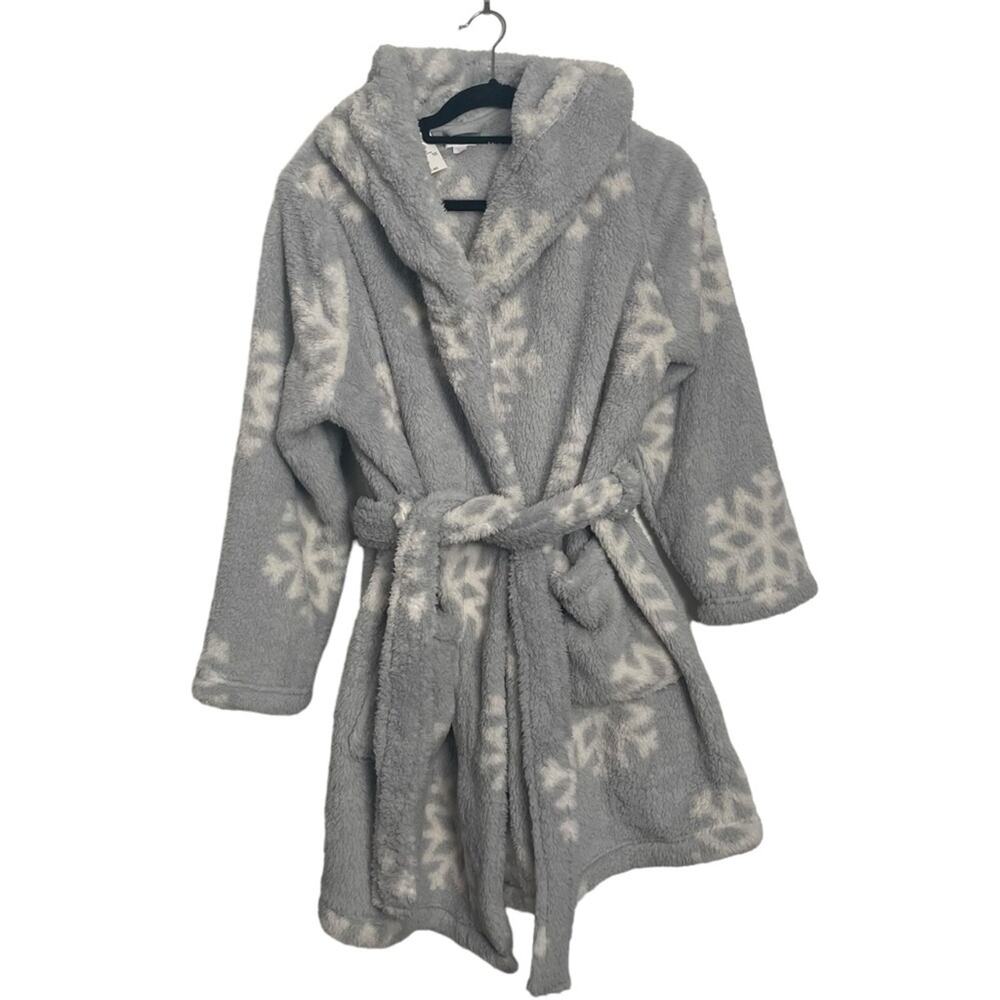 Closie Grey White Snowflake Hooded‎ Fleece Robe NWT M/L